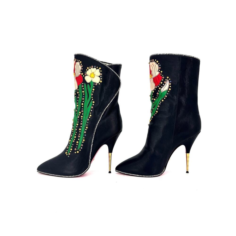 Gucci Intarsia Fosca Floral Black Leather Heeled Boots 40 - Picture 4 of 8